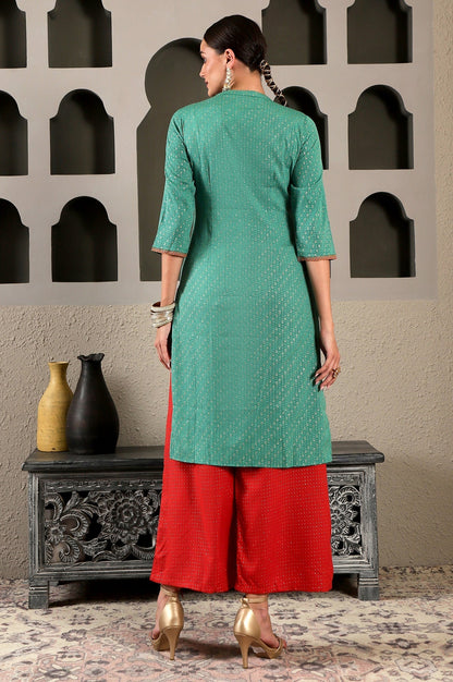 W for Woman Pop Green Printed Festive Full Placket kurta