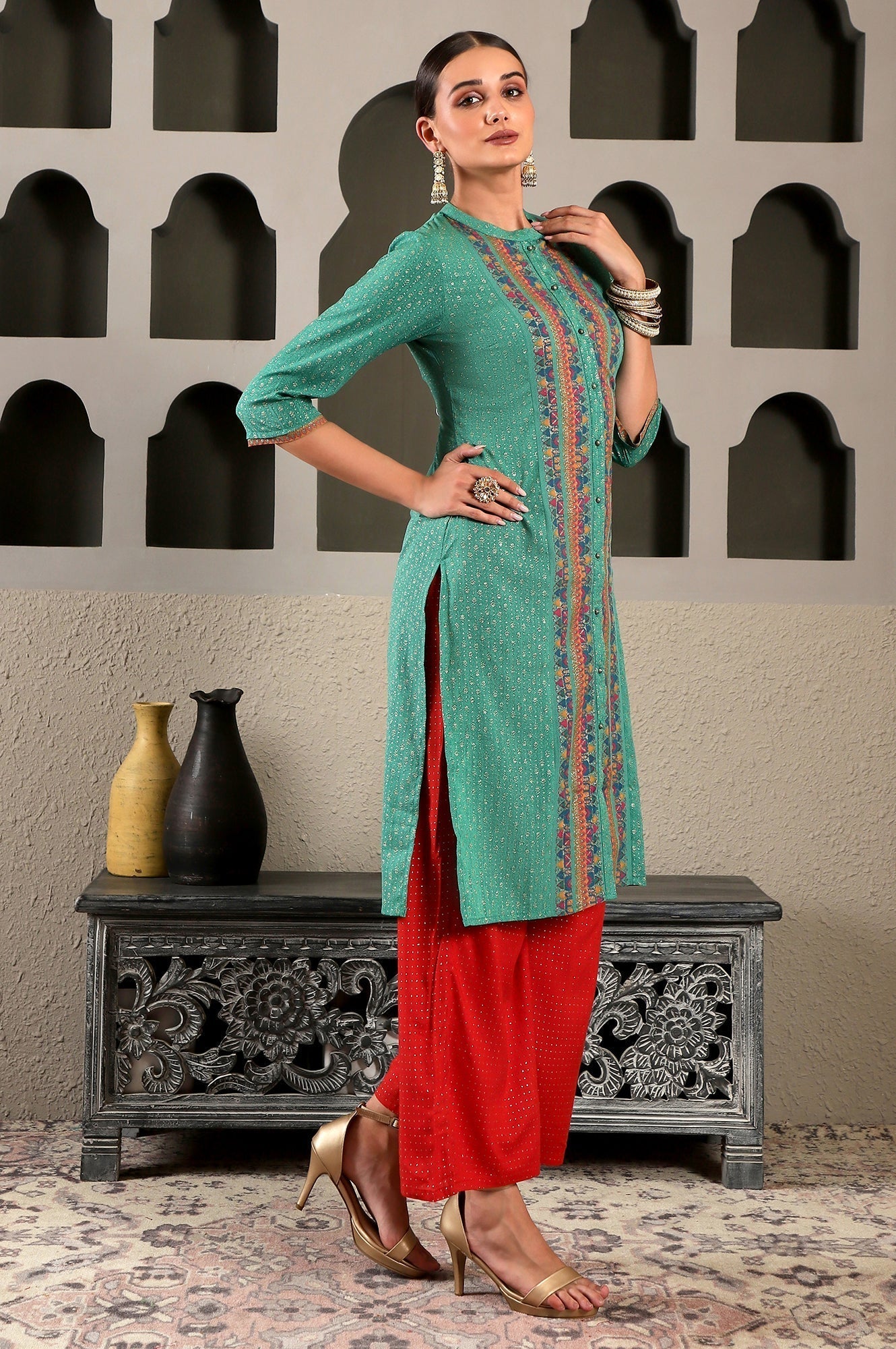 W for Woman Pop Green Printed Festive Full Placket kurta