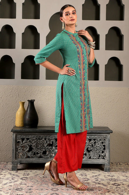 W for Woman Pop Green Printed Festive Full Placket kurta