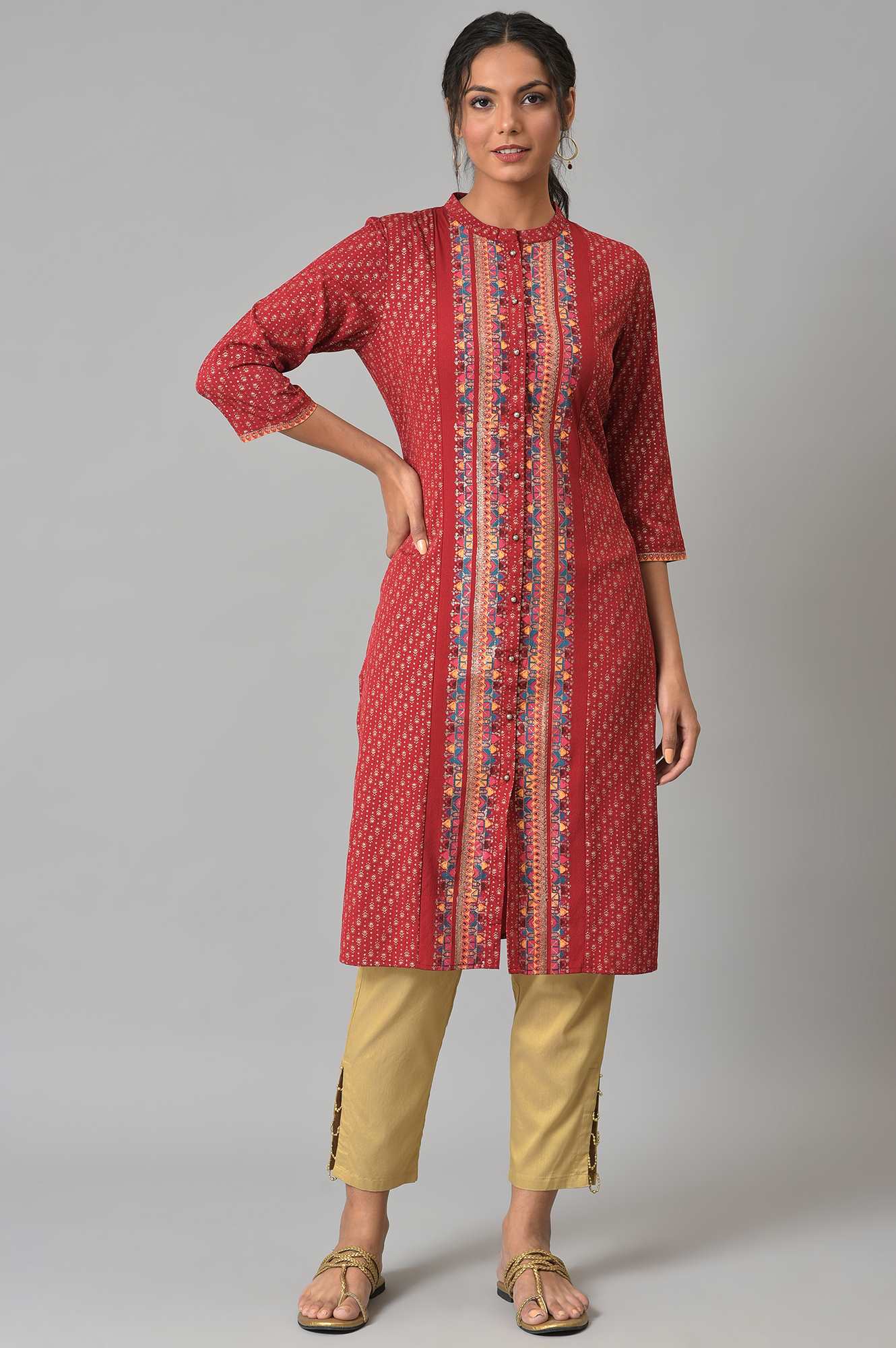 W for Woman Red Placement Print Festive kurta