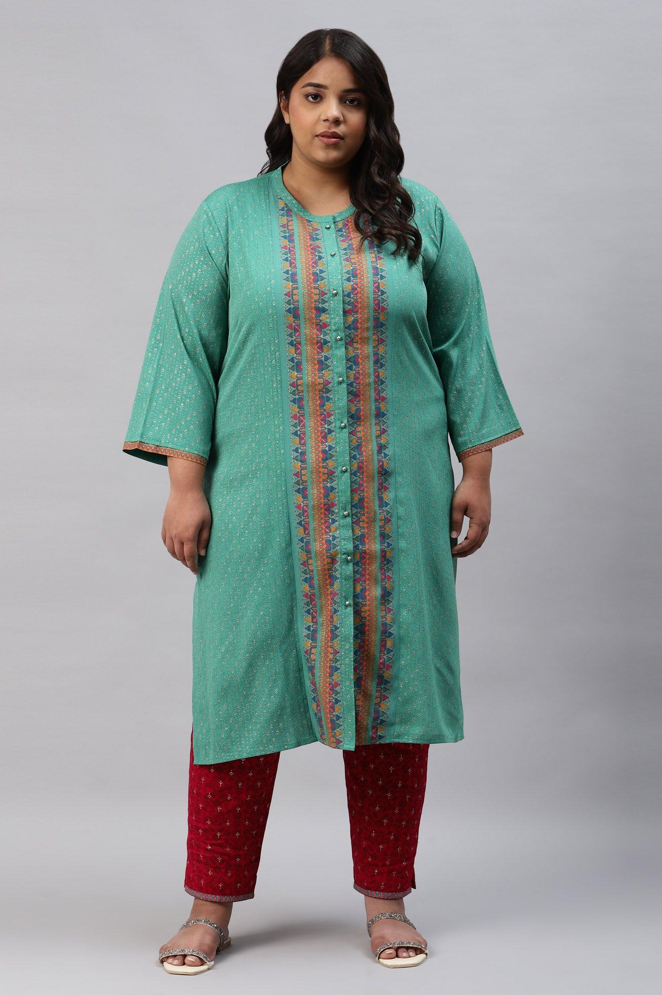 W for Woman Pop Green Printed Festive Full Placket Plus Size kurta