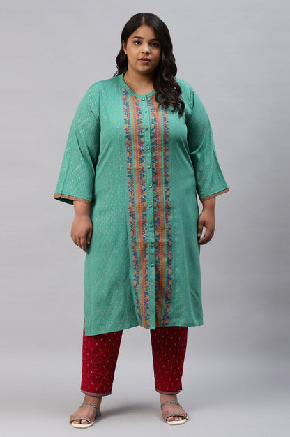 W for Woman Pop Green Printed Festive Full Placket Plus Size kurta