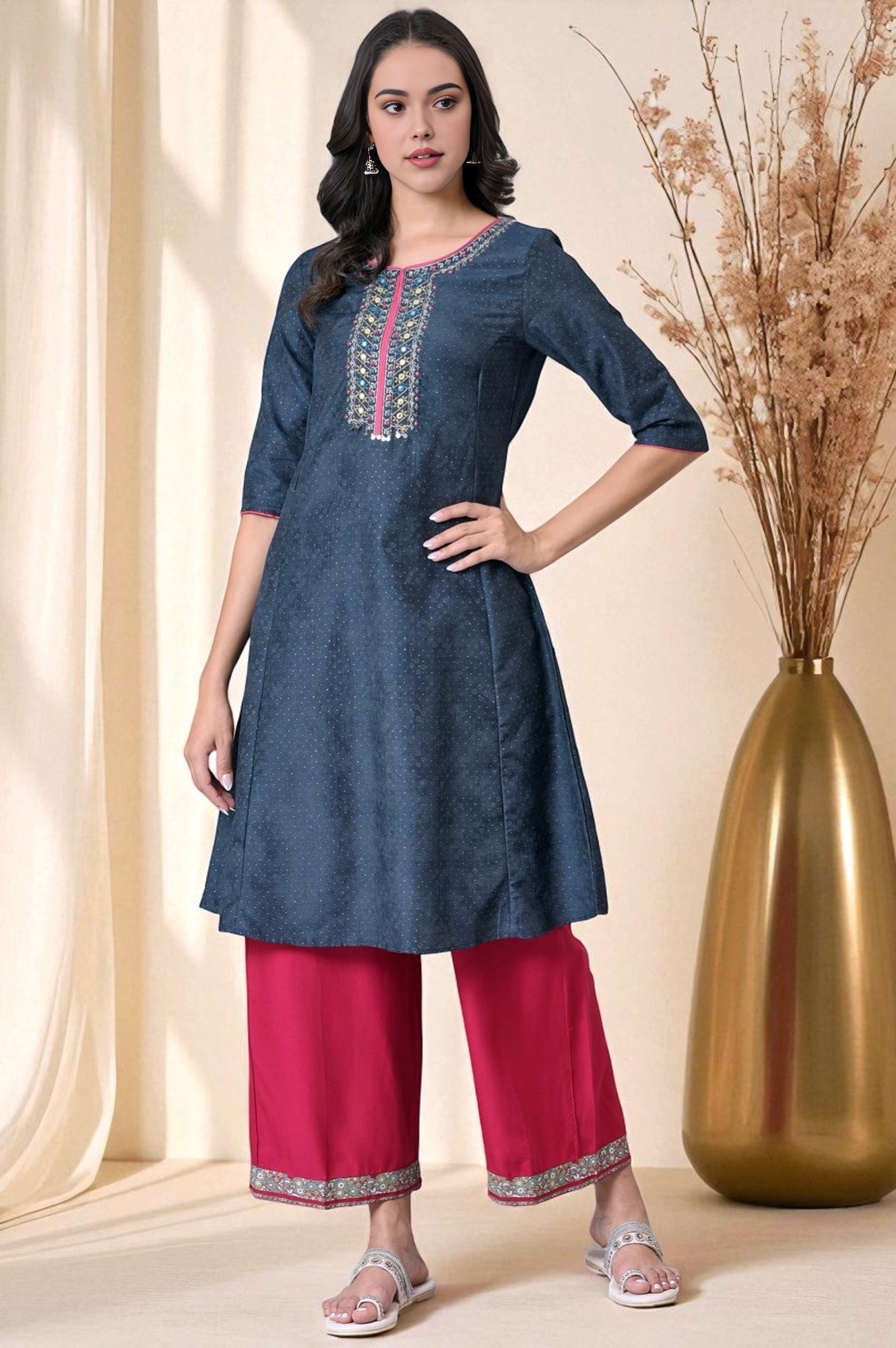 W for Woman Blue Glitter Printed Embroidered Shantung A-line Kurta