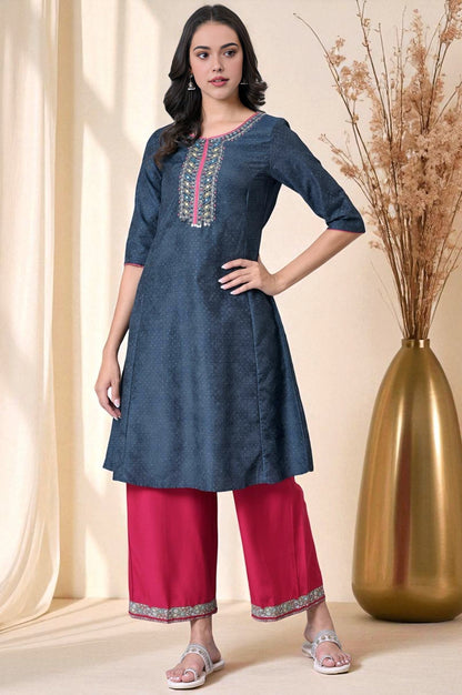 W for Woman Blue Glitter Printed Embroidered Shantung A-line Kurta