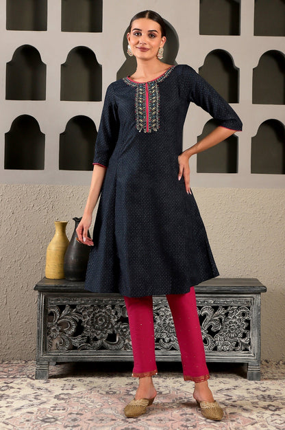 W for Woman Blue Glitter Printed Embroidered Shantung A-line Kurta