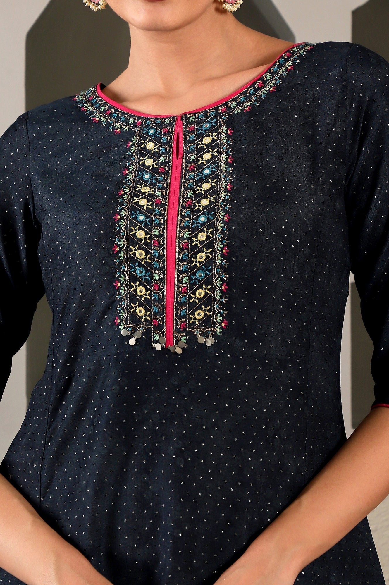 W for Woman Blue Glitter Printed Embroidered Shantung A-line Kurta