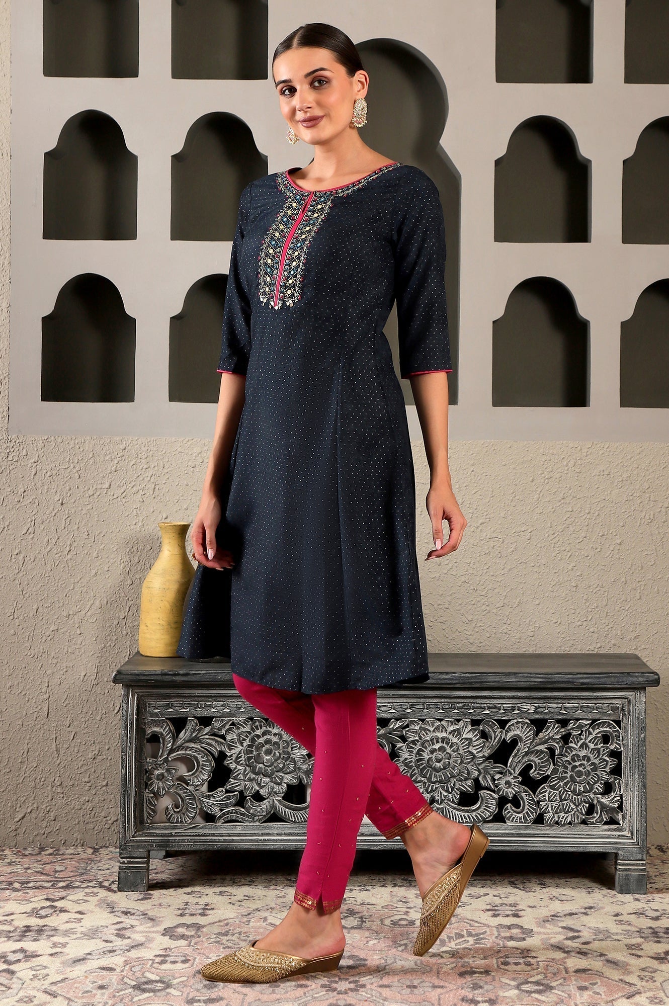 W for Woman Blue Glitter Printed Embroidered Shantung A-line Kurta