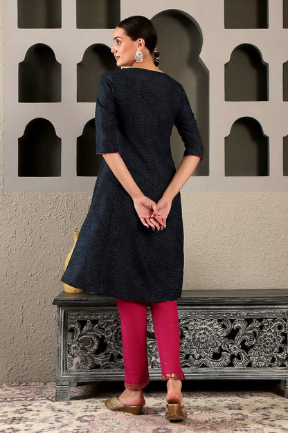 W for Woman Blue Glitter Printed Embroidered Shantung A-line Kurta
