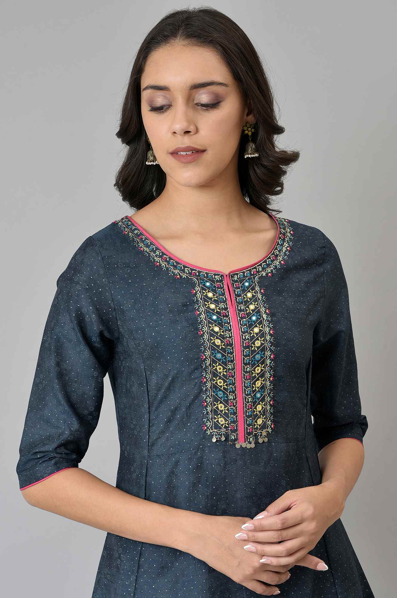 W for Woman Dark Blue Polka Dots Printed Shantung A-Line Kurta with Parallel Pant Set