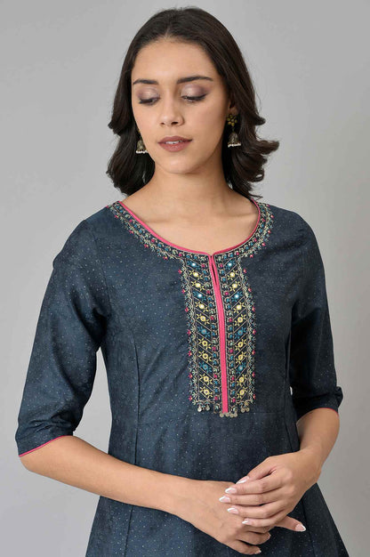 W for Woman Dark Blue Polka Dots Printed Shantung A-Line Kurta with Parallel Pant Set