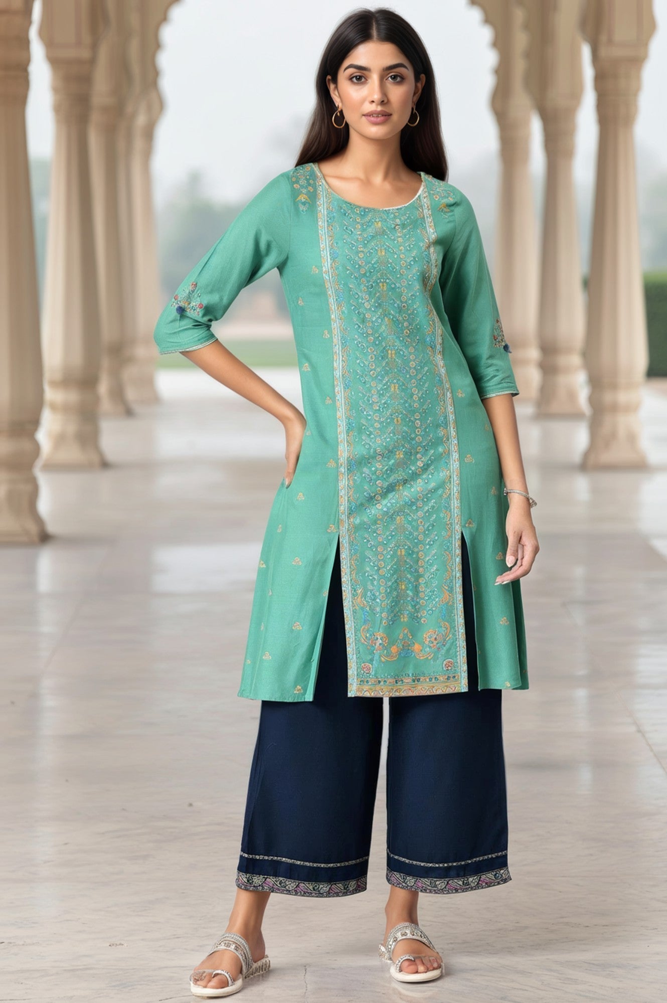 W for Woman Green Placement Print Festive kurta