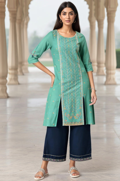 W for Woman Green Placement Print Festive kurta