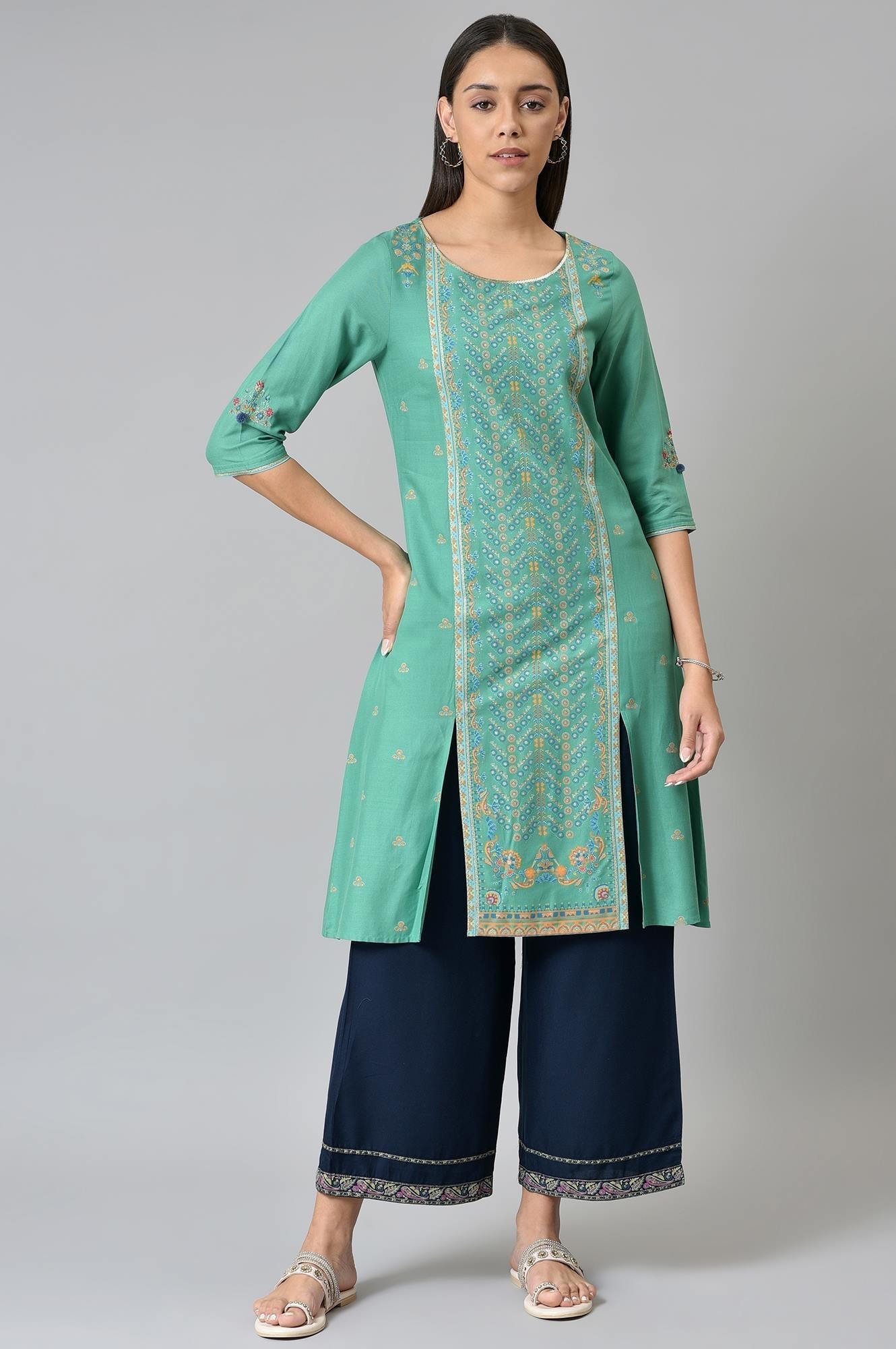W for Woman Green Placement Print Festive kurta