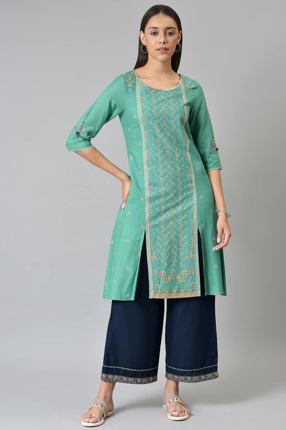 W for Woman Green Placement Print Festive kurta