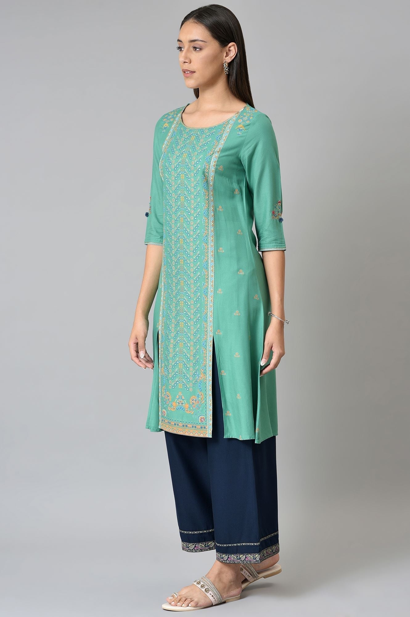 W for Woman Green Placement Print Festive kurta