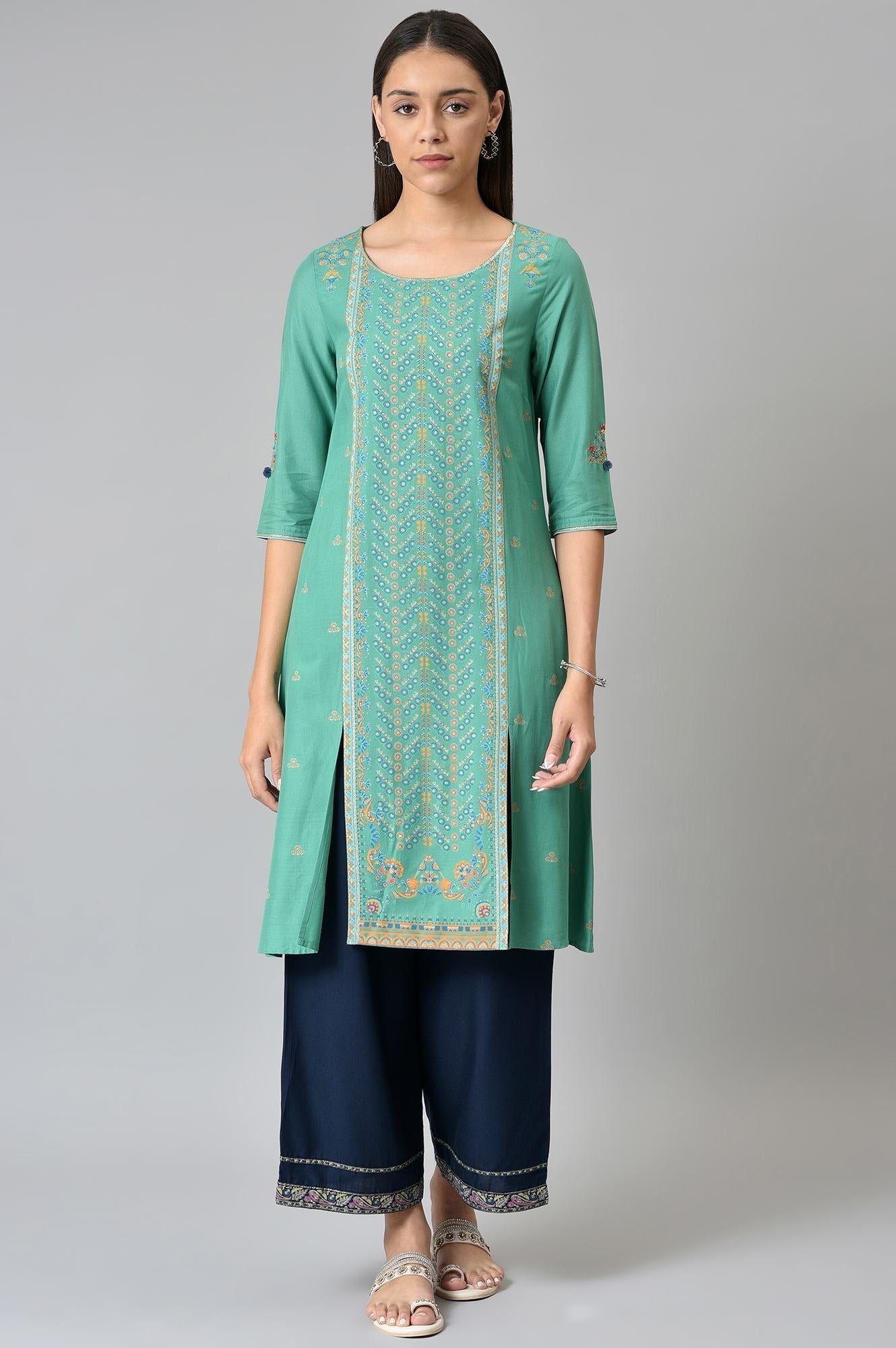 W for Woman Green Placement Print Festive kurta