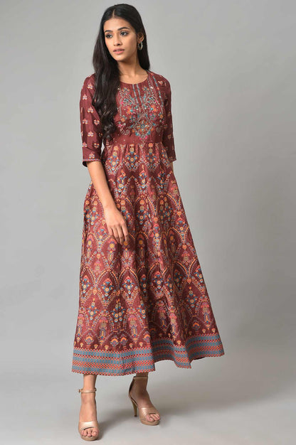 W for Woman Brown Printed And Embroidered Panelled Festive Plus Size Dress