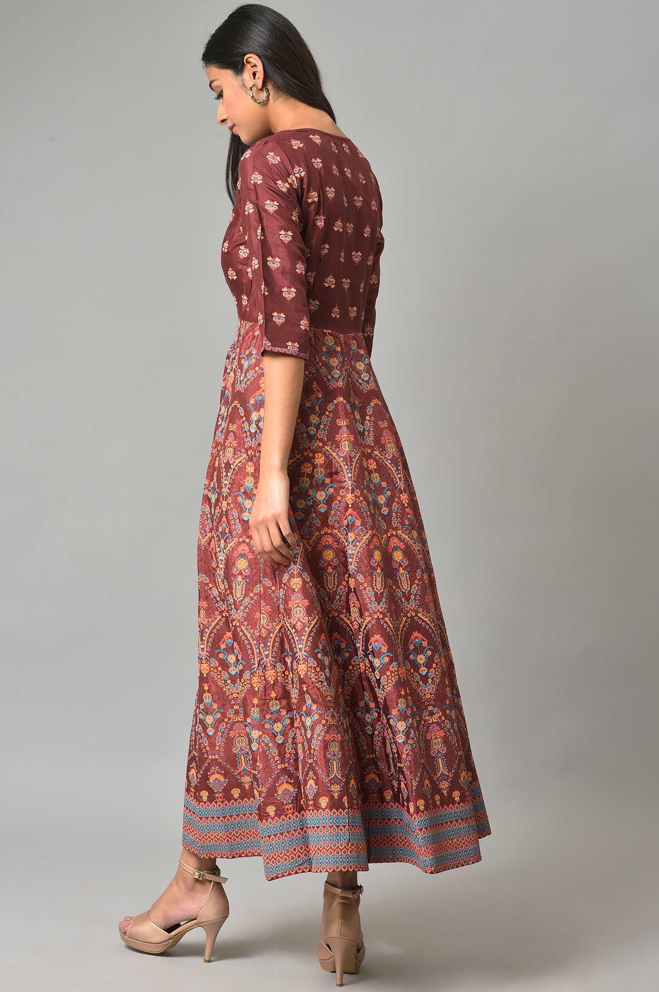 W for Woman Brown Printed And Embroidered Panelled Festive Plus Size Dress