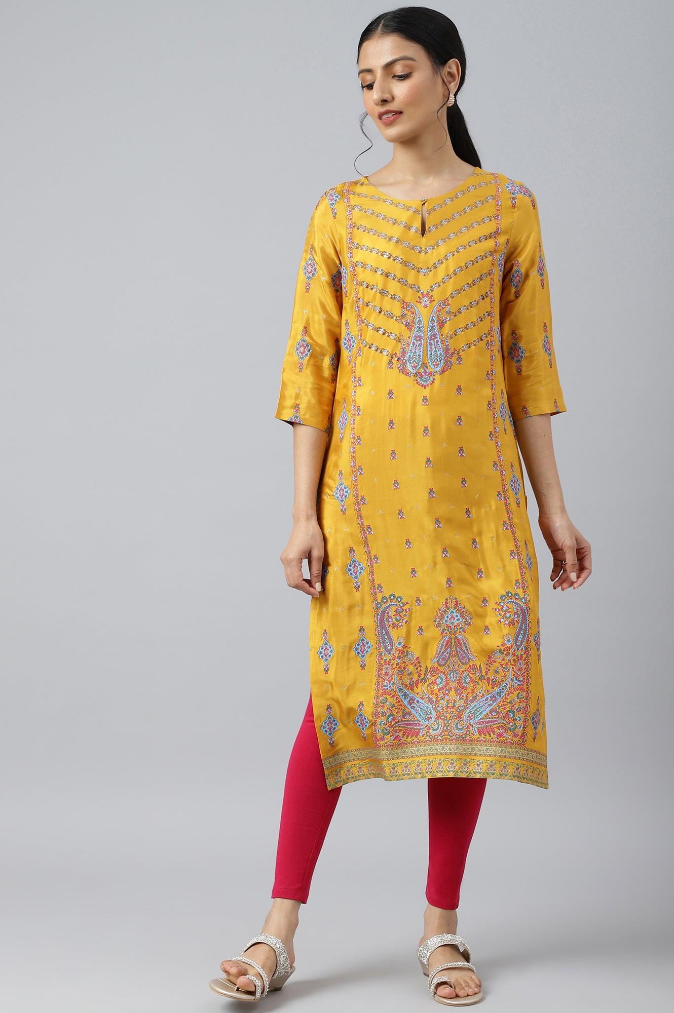 W for Woman Mustard Glitter Printed Shantung kurta