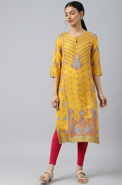 W for Woman Mustard Glitter Printed Shantung kurta