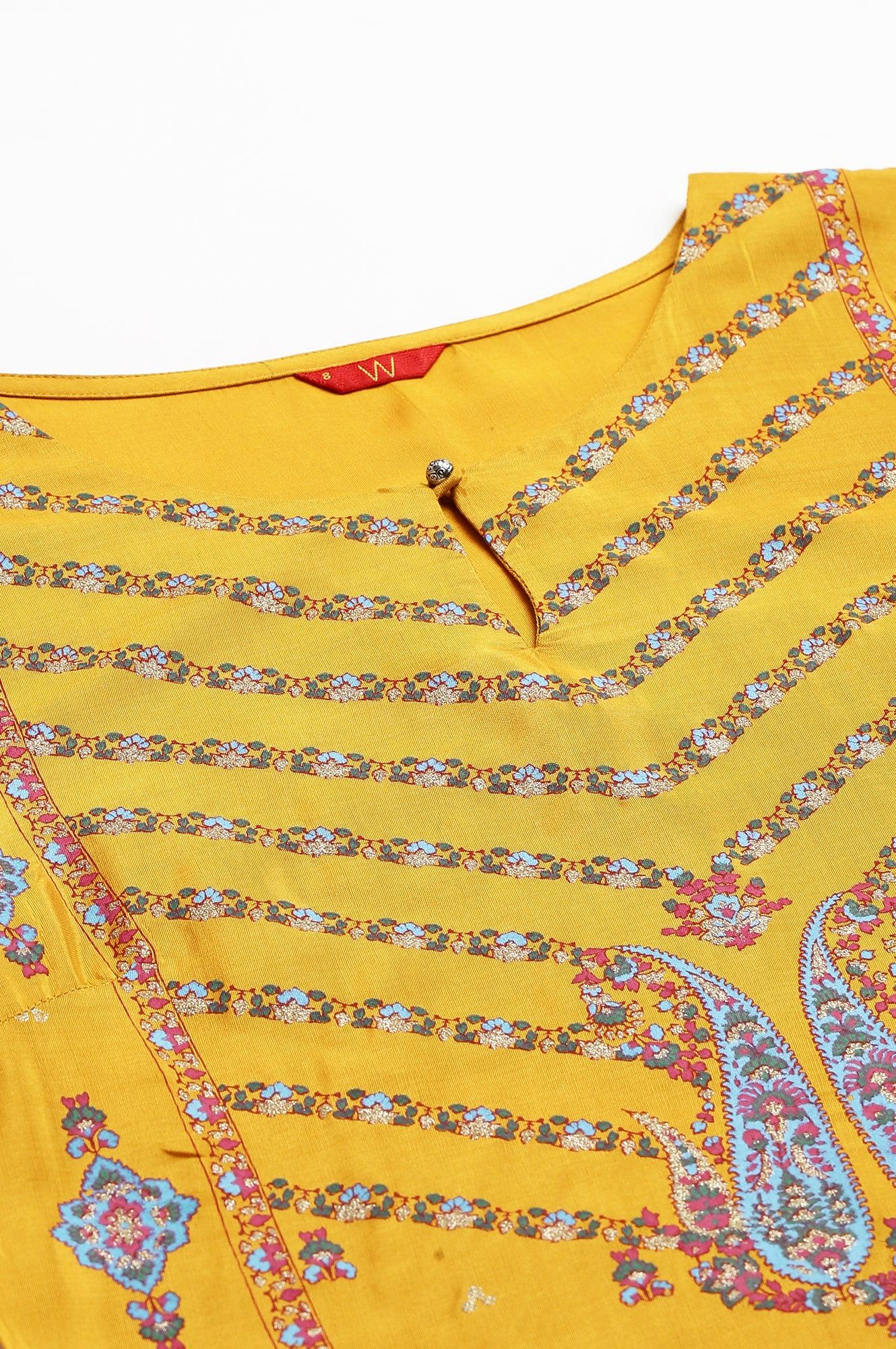W for Woman Mustard Glitter Printed Shantung kurta