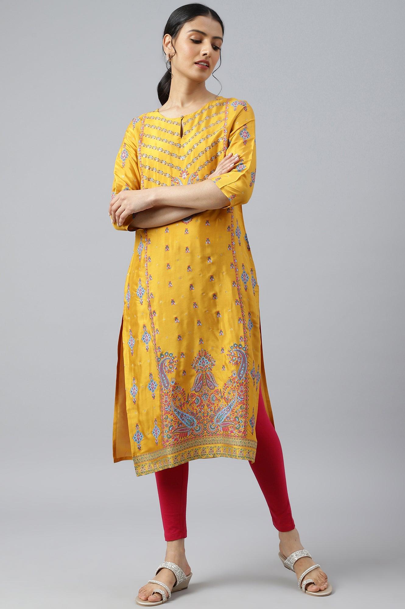 W for Woman Mustard Glitter Printed Shantung kurta