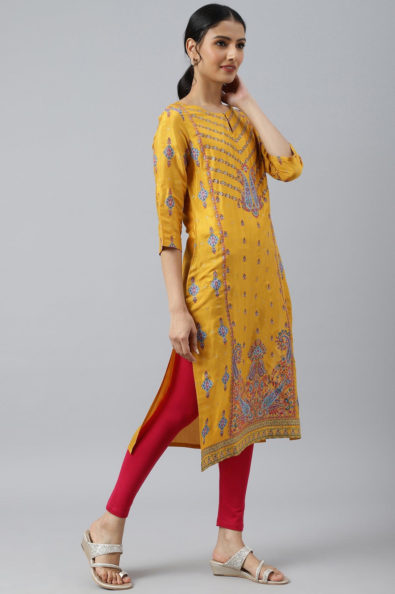 W for Woman Mustard Glitter Printed Shantung kurta