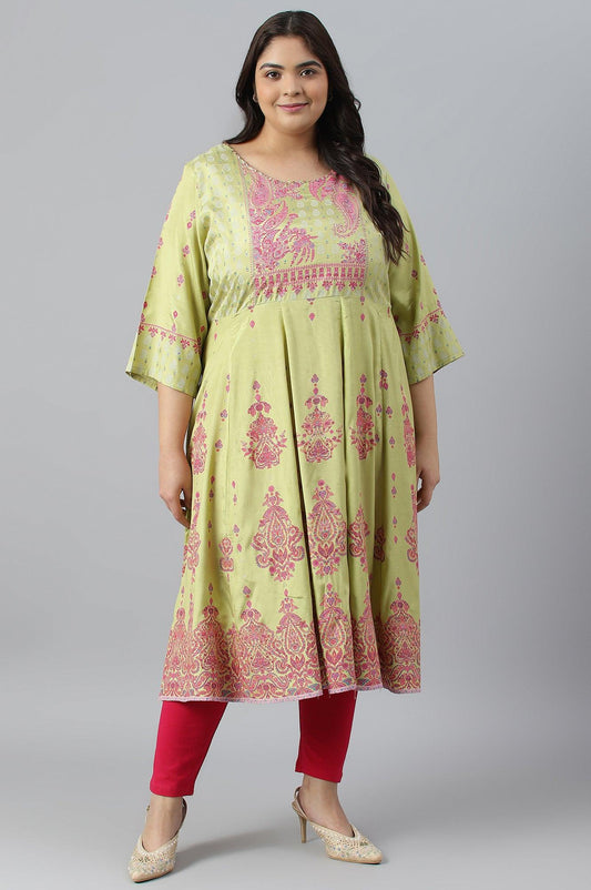 W for Woman Green Floral Printed And Embellished Festive Plus Size kurta