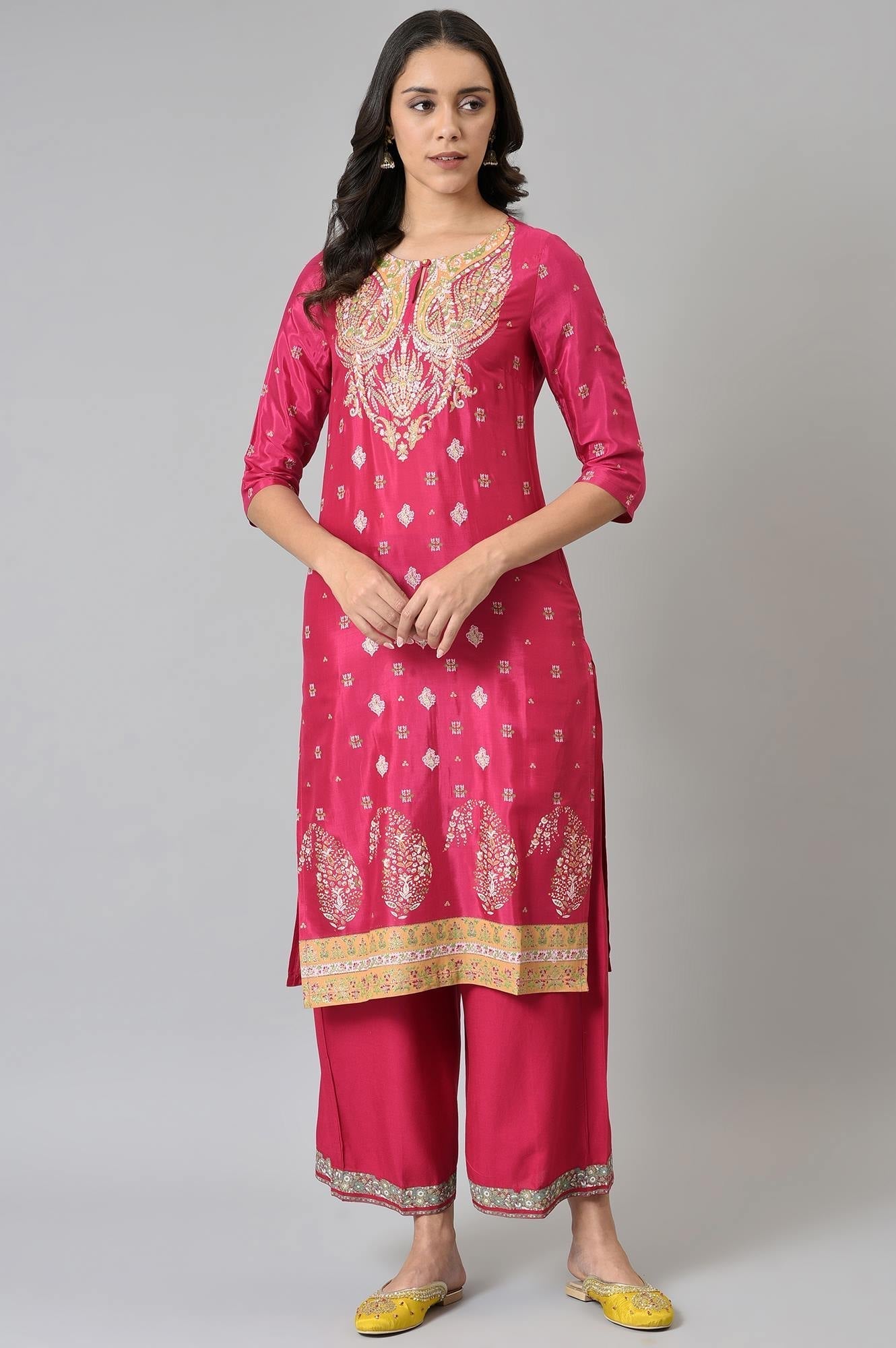 W for Woman Dark Pink Glitter Placement Print kurta