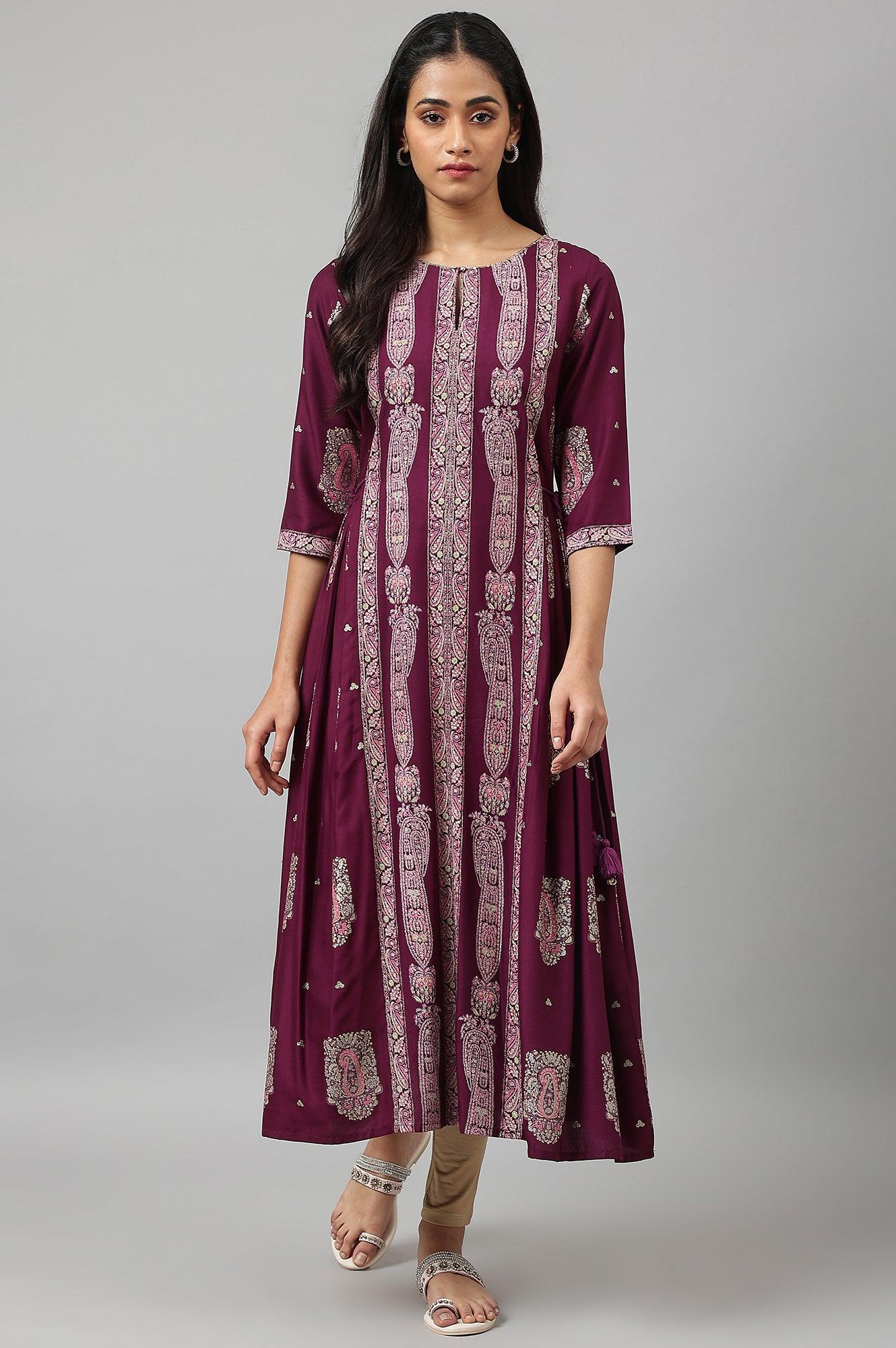W for Woman Purple Paisley Print kurta With Sequin Highlighting