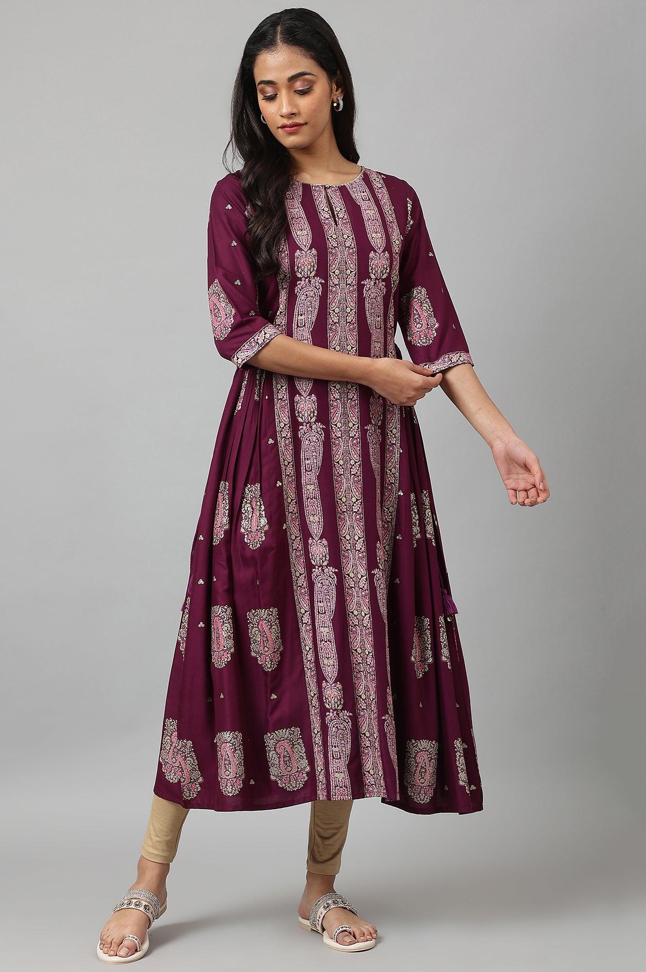 W for Woman Purple Paisley Print kurta With Sequin Highlighting
