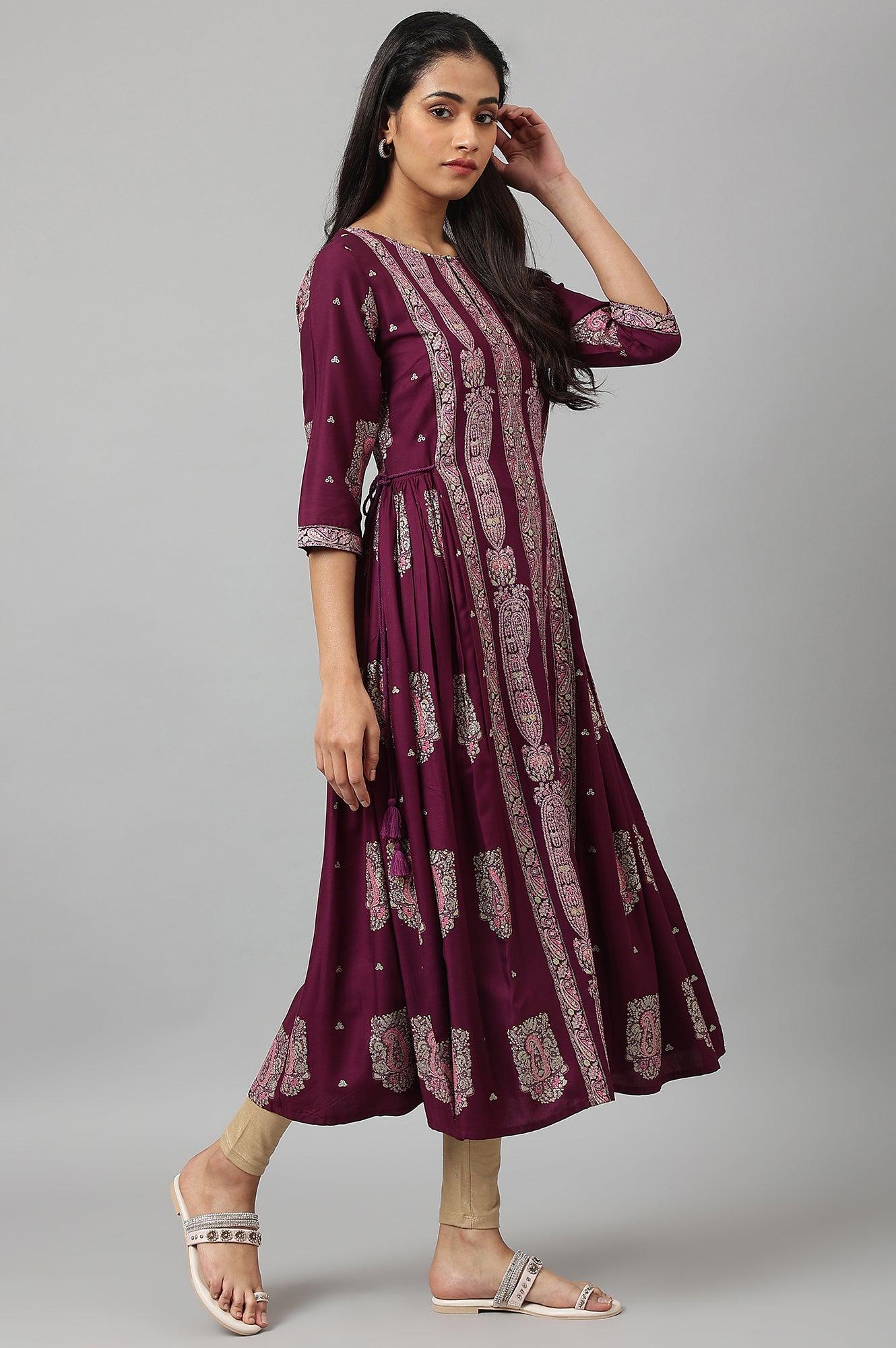 W for Woman Purple Paisley Print kurta With Sequin Highlighting