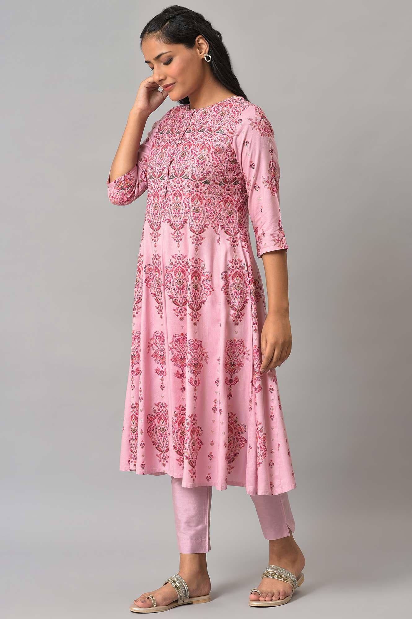 W for Woman Pink Floral Print kurta With Sequins