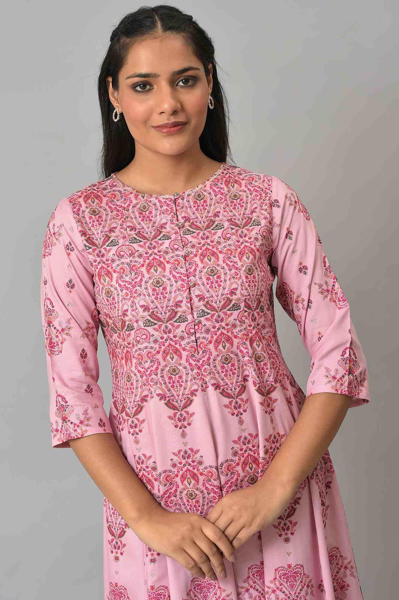 W for Woman Pink Floral Print kurta With Sequins