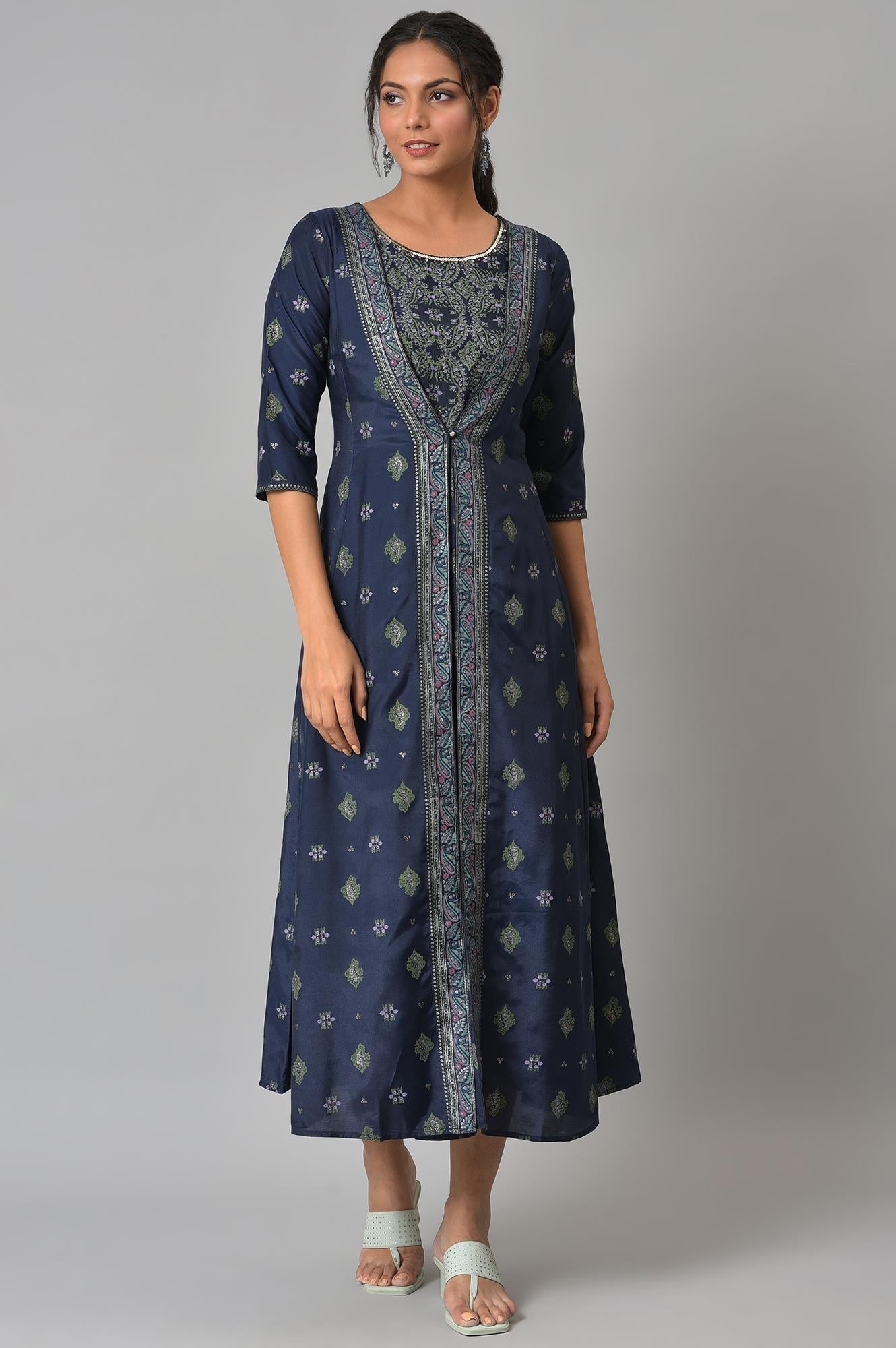 W for Woman Navy Bue Mock Layered Kimono Jumpsuit