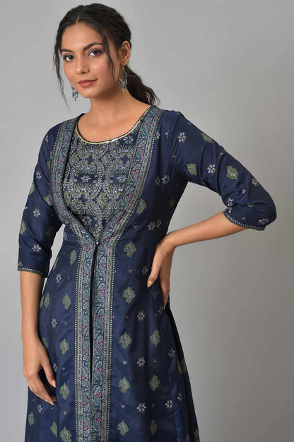 W for Woman Navy Bue Mock Layered Kimono Jumpsuit