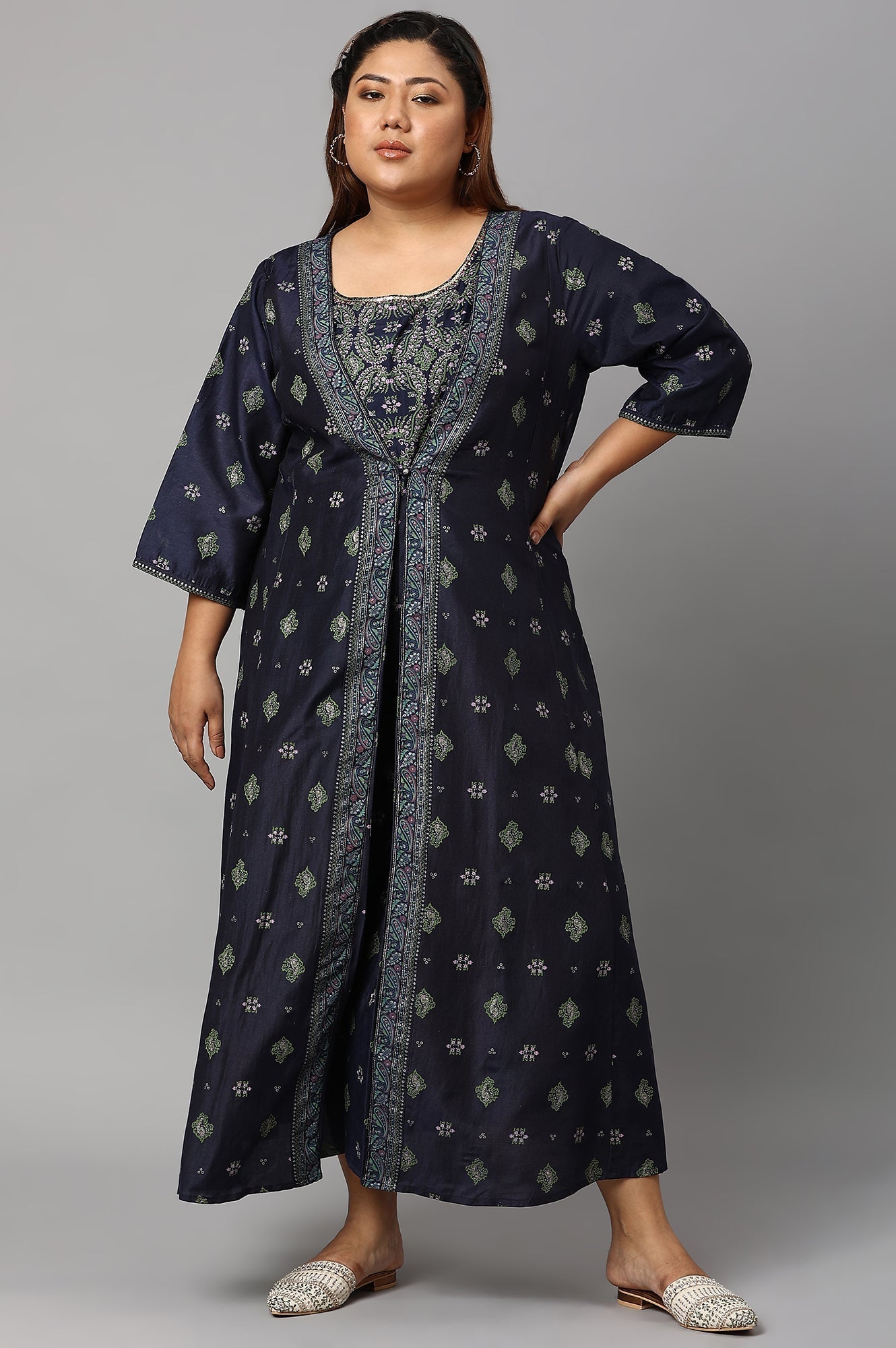 W for Woman Navy Bue Mock Layered Kimono Plus Size Jumpsuit