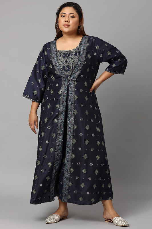 W for Woman Navy Bue Mock Layered Kimono Plus Size Jumpsuit