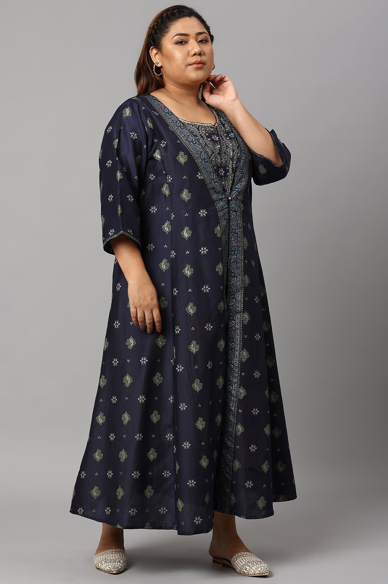 W for Woman Navy Bue Mock Layered Kimono Plus Size Jumpsuit
