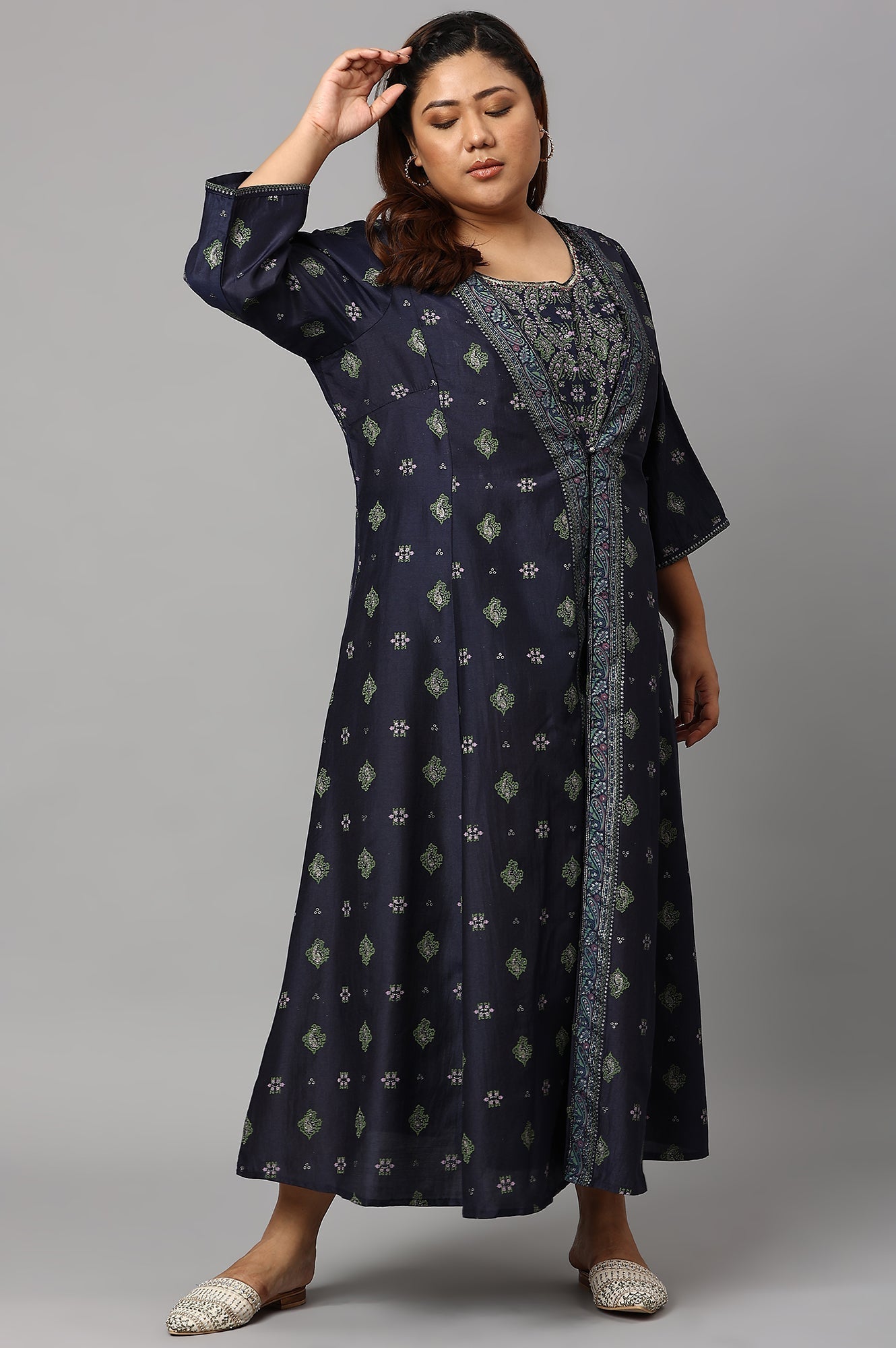 W for Woman Navy Bue Mock Layered Kimono Plus Size Jumpsuit