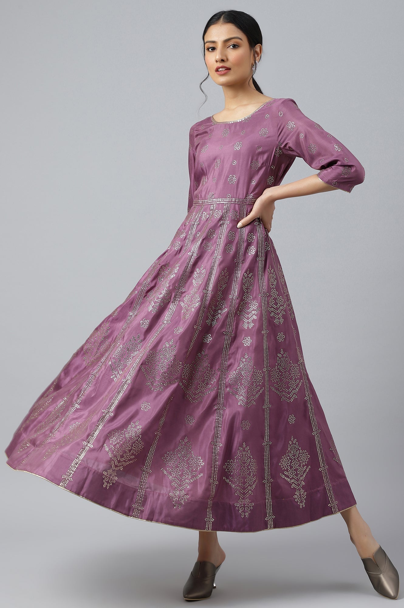 W for Woman Purple Panelled Kalidar Ethnic Dress With Sequin