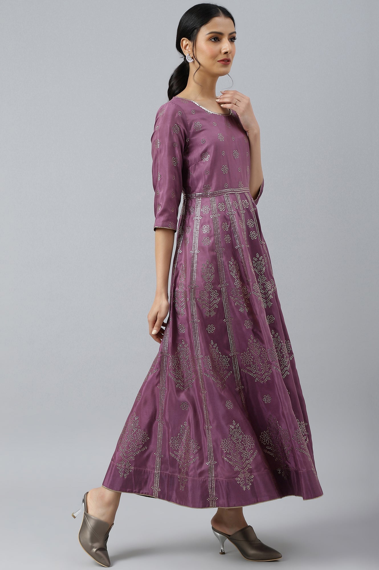 W for Woman Purple Panelled Kalidar Ethnic Dress With Sequin
