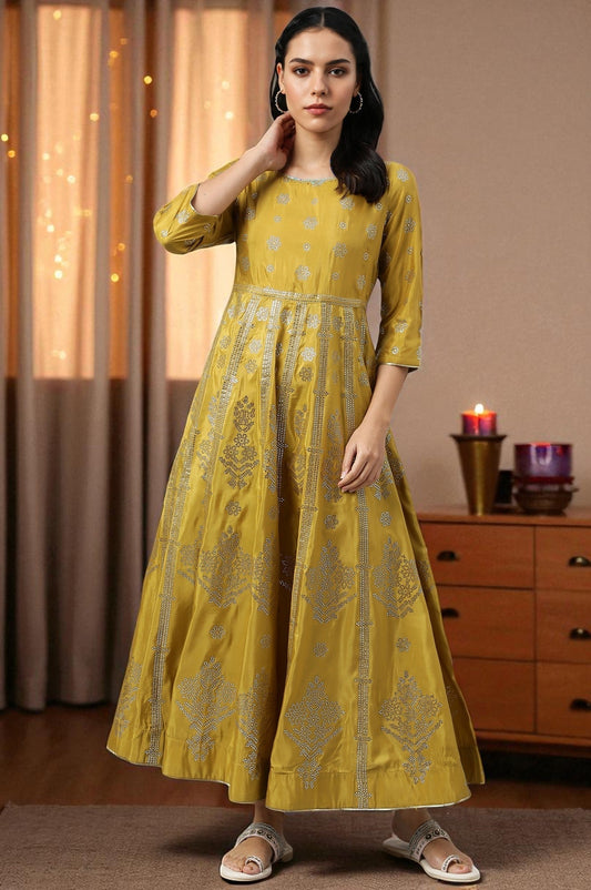W for Woman Yellow Mukaish Printed Embellished Shatung Anarkali Dress