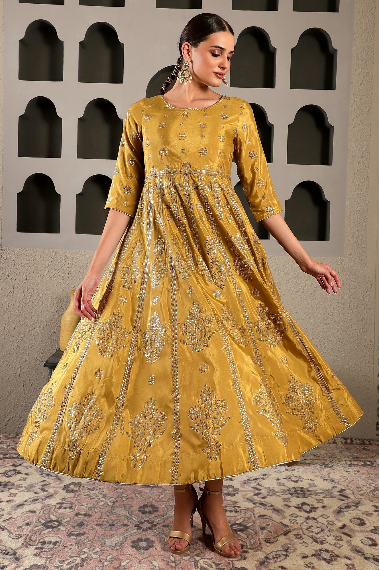 W for Woman Yellow Mukaish Printed Embellished Shatung Anarkali Dress
