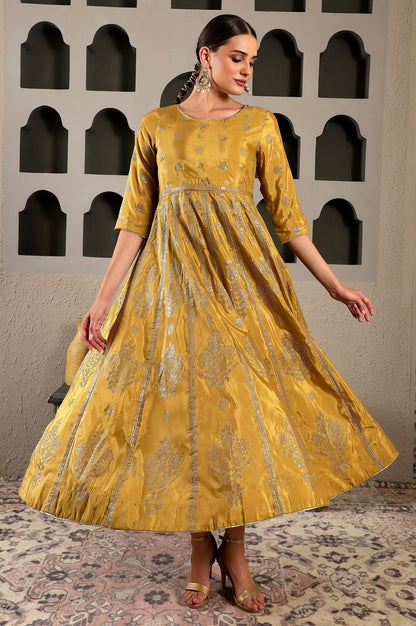 W for Woman Yellow Mukaish Printed Embellished Shatung Anarkali Dress