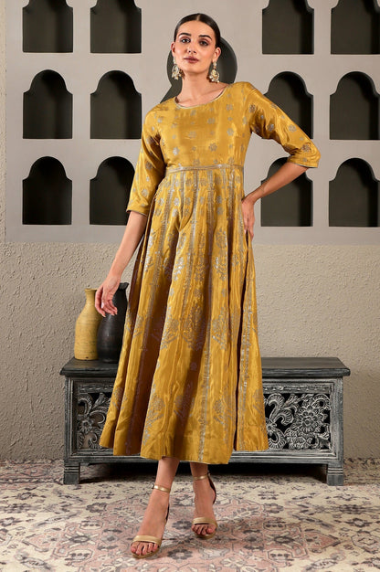 W for Woman Yellow Mukaish Printed Embellished Shatung Anarkali Dress