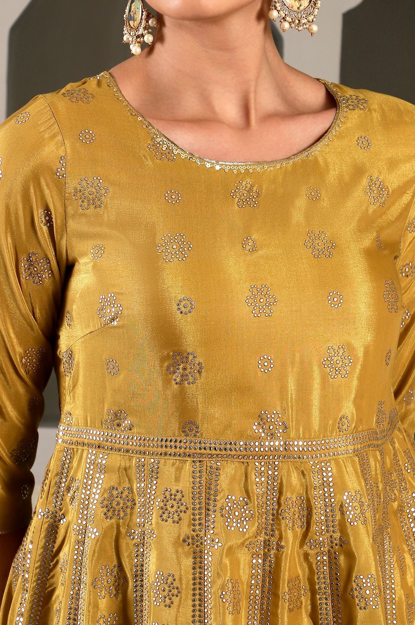W for Woman Yellow Mukaish Printed Embellished Shatung Anarkali Dress