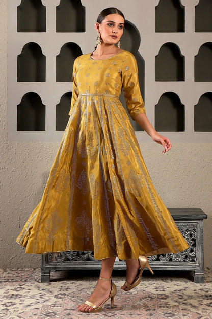 W for Woman Yellow Mukaish Printed Embellished Shatung Anarkali Dress