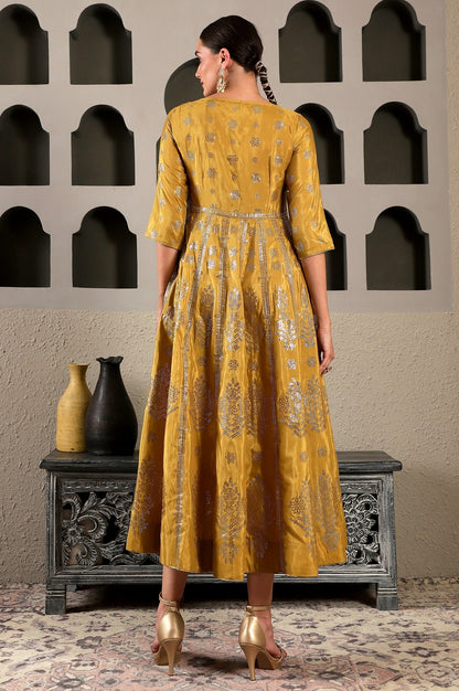 W for Woman Yellow Mukaish Printed Embellished Shatung Anarkali Dress