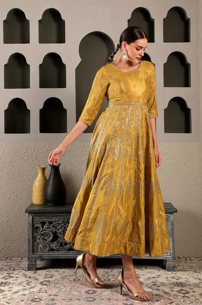 W for Woman Yellow Mukaish Printed Embellished Shatung Anarkali Dress